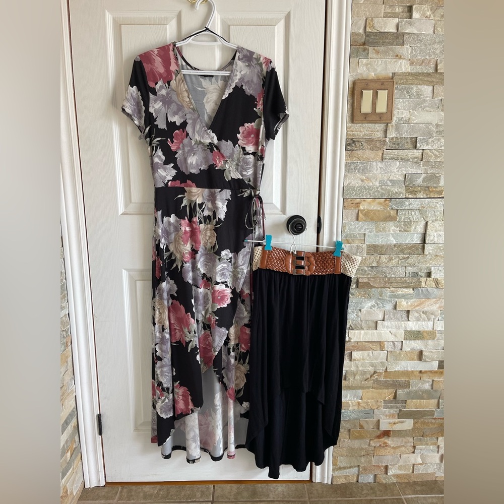 Floral Wrap Dress and Black Skirt Set